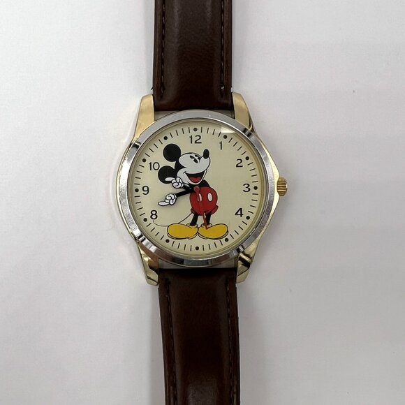 DISNEY MICKEY MOUSE Watch Brown Band with Silver Bezel and Gold Lugs - Picture 4 of 8